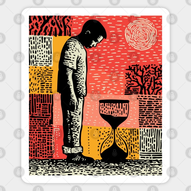 Time Running Out – Hourglass Reflection Linocut Magnet by TuncGK